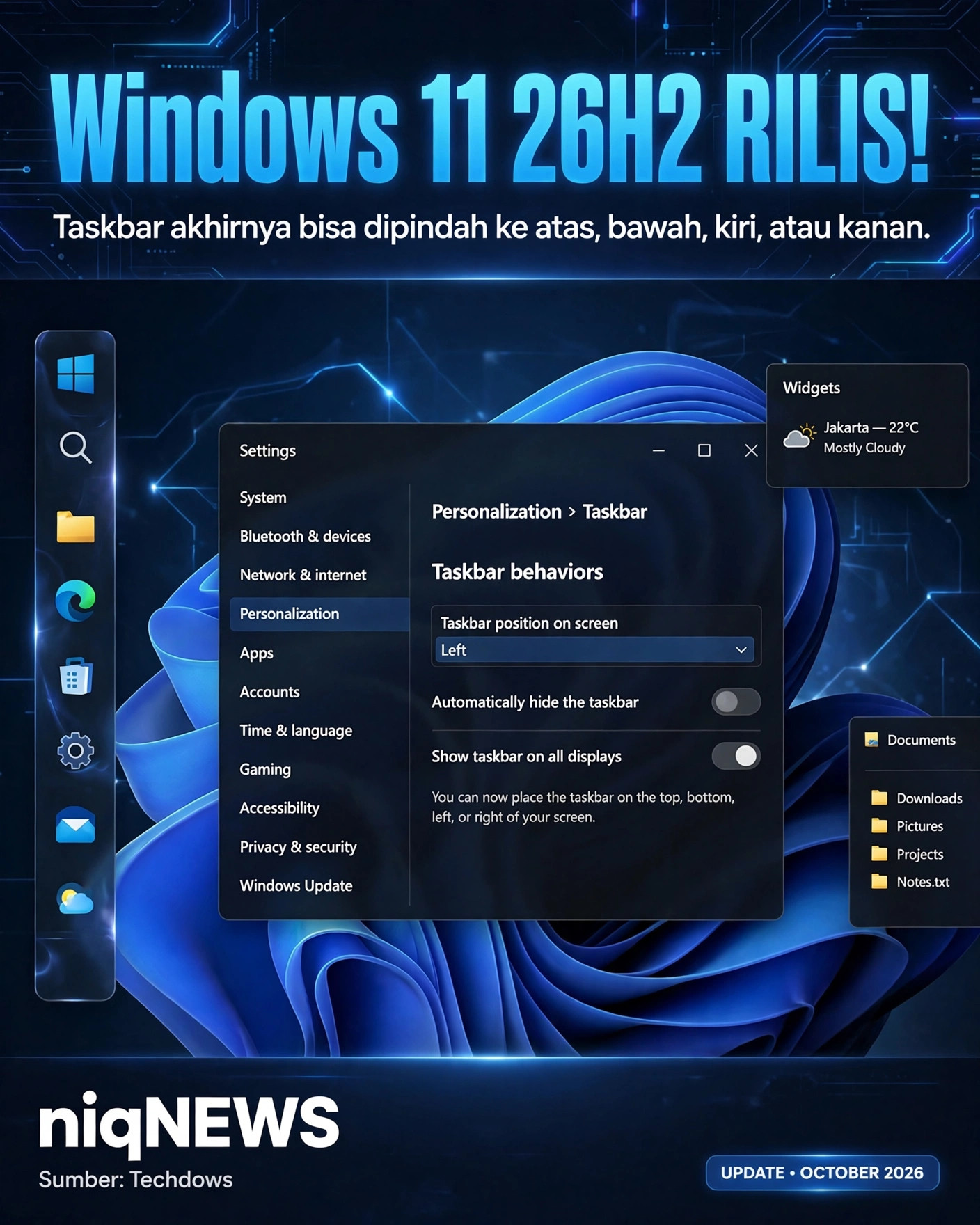 Windows 11 26H2 kini tersedia penuh, taskbar akhirnya bisa dipindah